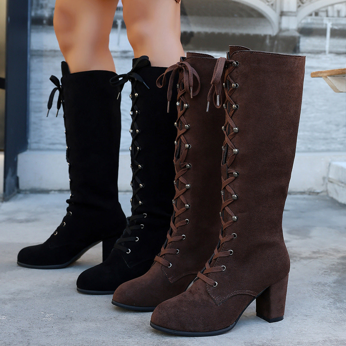Women's Suede Mid-Calf Boots - Strappy Chunky Heel High-Top Boots