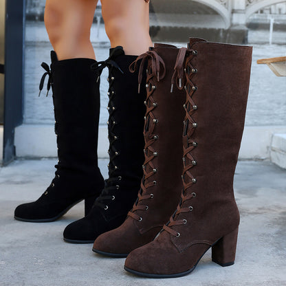 Women's Suede Mid-Calf Boots - Strappy Chunky Heel High-Top Boots