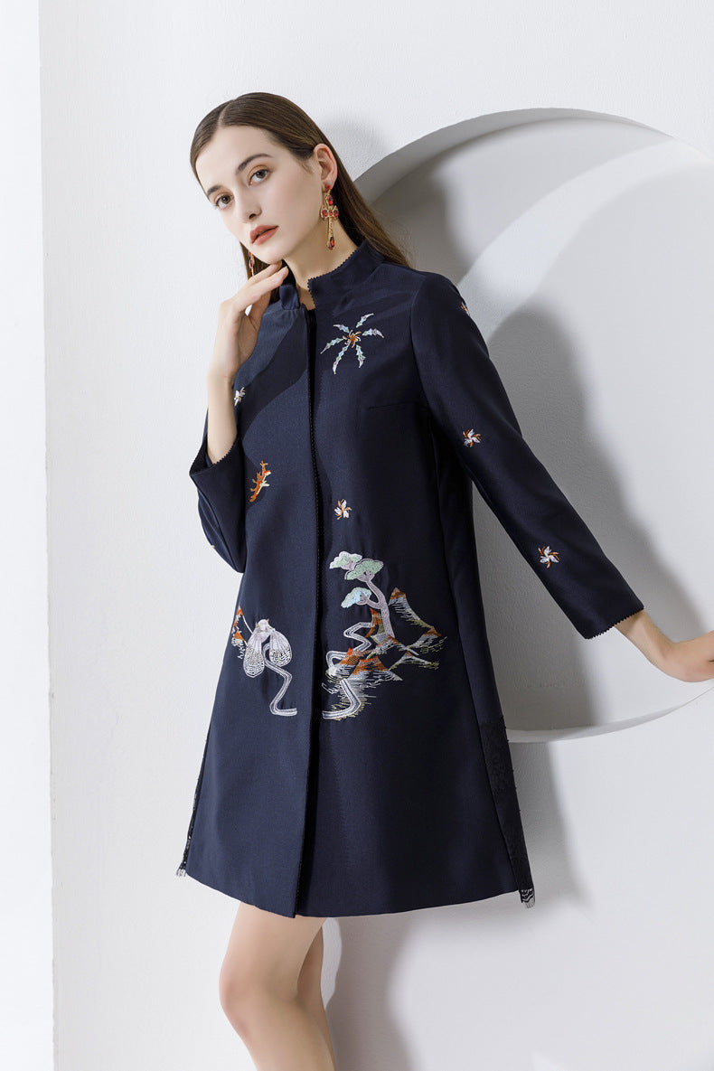 Premium Silk Wool Embroidered Mid-Length Coat - Lace Detail Winter Jacket