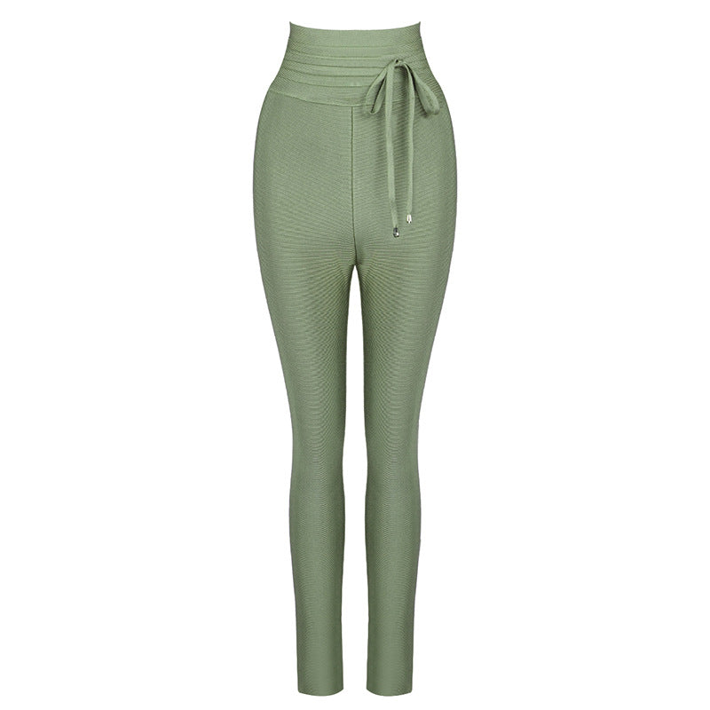 High-Waist Elastic Bandage Leggings - Cropped Solid Color Pants