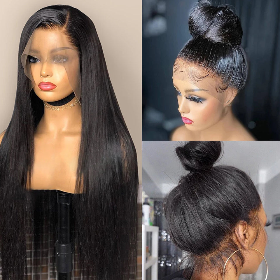 Real Human Hair Lace Wig Set - 12A Quality Straight Hair Black Medium Length 4x4 13x4 HD Frontal