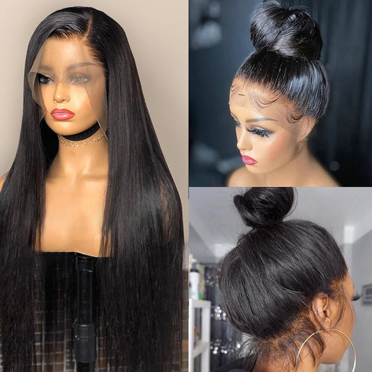 Real Human Hair Lace Wig Set - 12A Quality Straight Hair Black Medium Length 4x4 13x4 HD Frontal