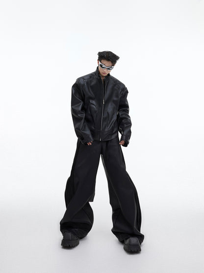 Imitation Leather Jacket - Metal Graphic Design Stand Collar Zipper Jacket