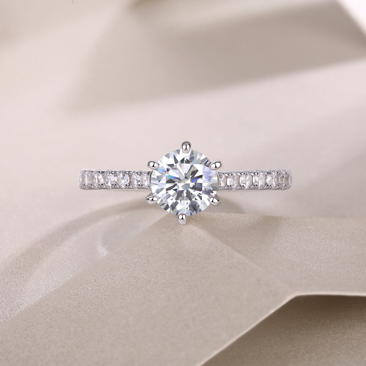 1 Carat Moissanite Sterling Silver Ring - Platinum Plated Wedding Band