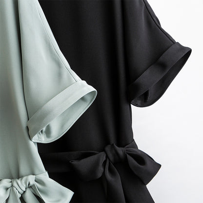 Heavyweight Silk Lace-Up Dress - V-neck Short Sleeve Midi Dress