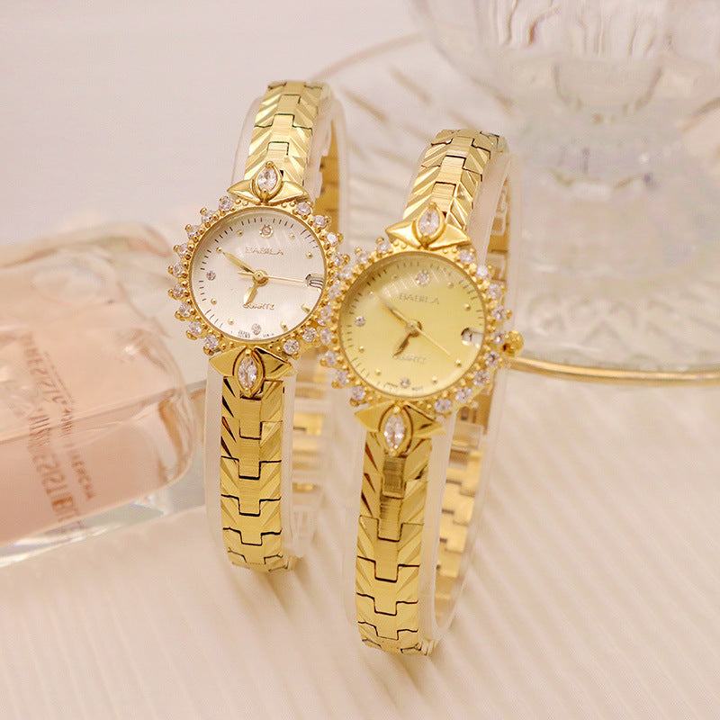 Women's Vintage Quartz Bracelet Watch | Diamond-Embossed Design | 6mm | Gold Face & Golden White