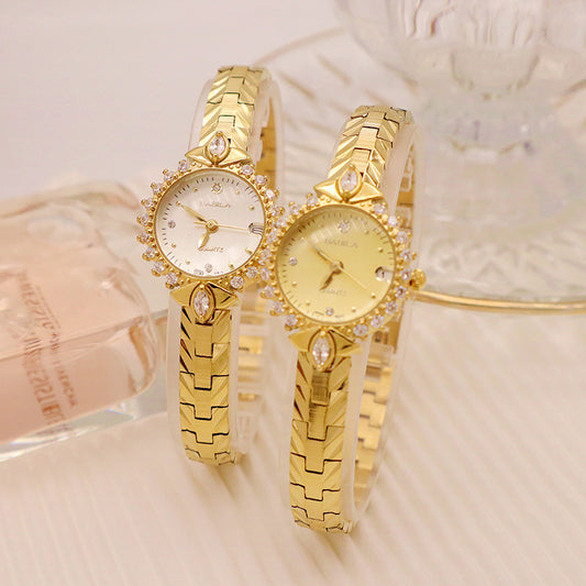 Women's Vintage Quartz Bracelet Watch | Diamond-Embossed Design | 6mm | Gold Face & Golden White