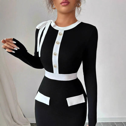Women's Black and White Color-Block Dress - Long Sleeve Patchwork Pullover