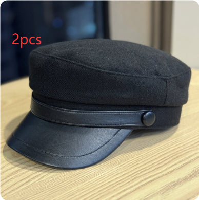 Retro PU Leather Flat-Top Wool Hat - Adjustable Winter Cap
