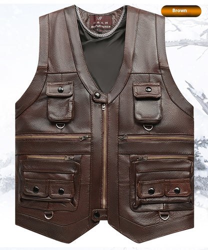Genuine Leather Vest - Men's First Layer Cowhide Motorcycle Waistcoat