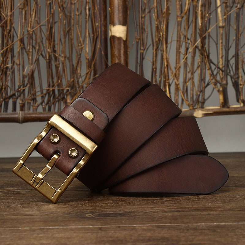 Men's Retro Washed Matte Top-Grain Leather Belt - Brass Buckle with Vegetable Tanning