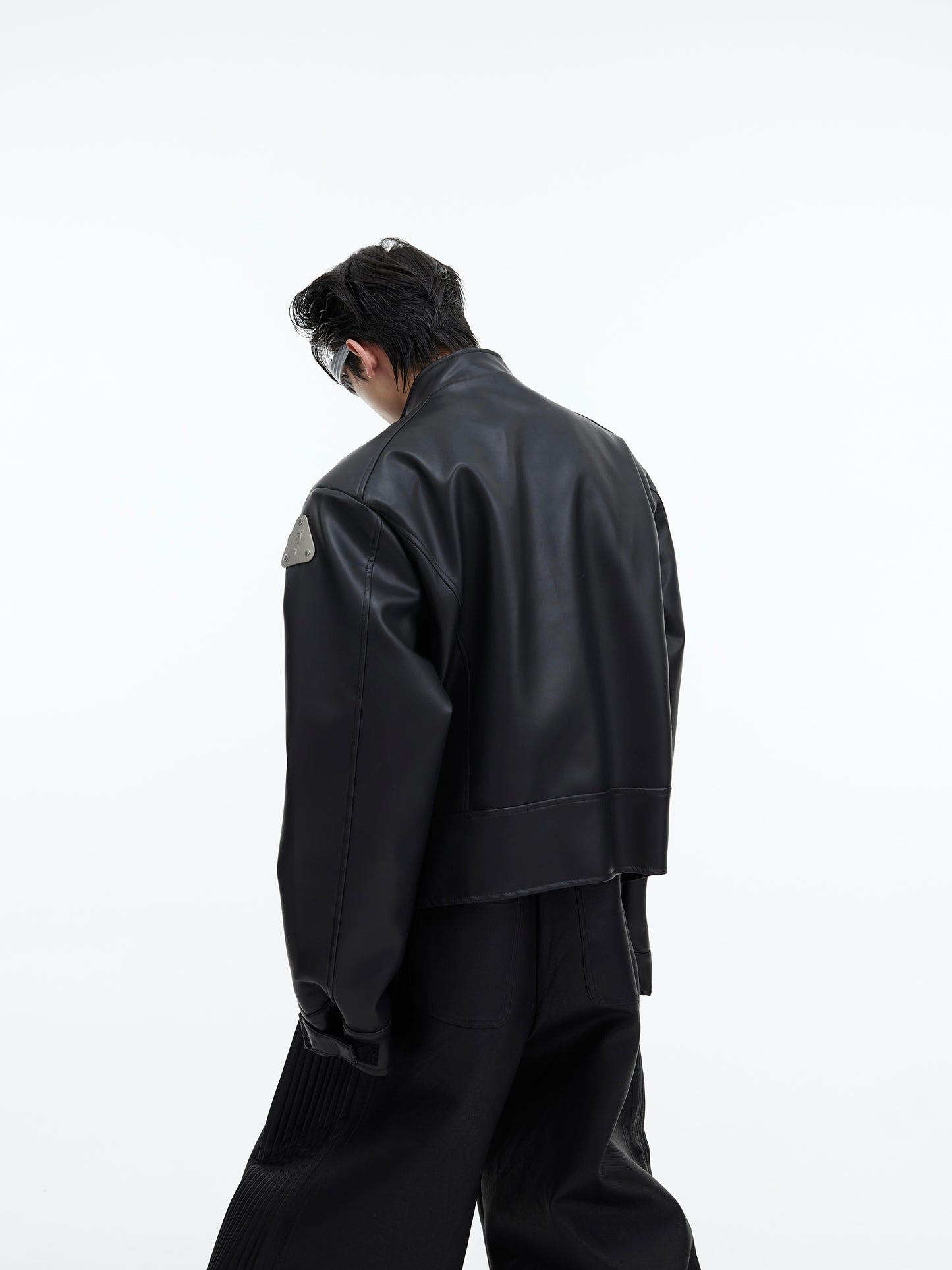 Imitation Leather Jacket - Metal Graphic Design Stand Collar Zipper Jacket