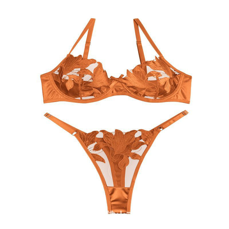 Women's Lace Embroidery Mesh Bra and Panty Set - 3/4 Cup Lingerie Set