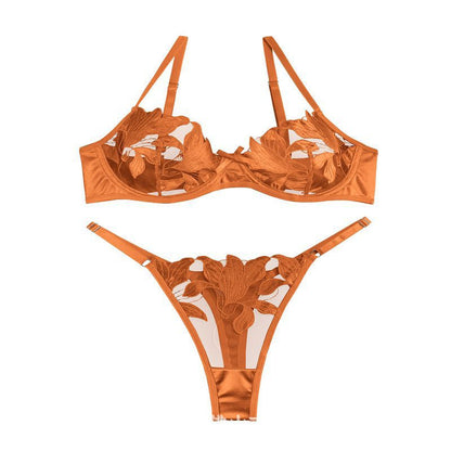 Women's Lace Embroidery Mesh Bra and Panty Set - 3/4 Cup Lingerie Set