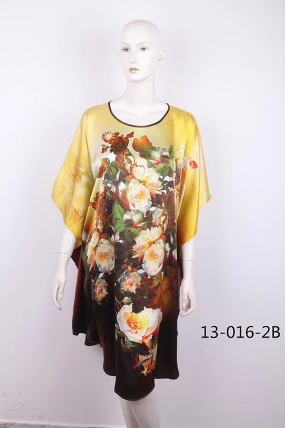Women's Luxe Silk Bat Sleeve Nightdress - 100% Mulberry Silk Loose Fit Pajama Dress with Inkjet Prints
