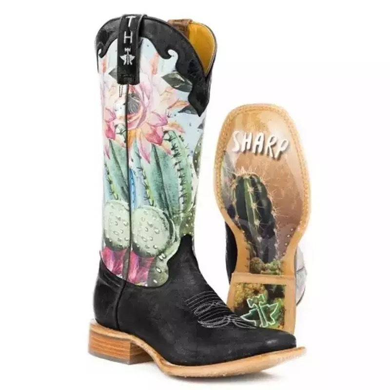 Women's Flower Print Patchwork Western Boots - Retro Slip-On Ankle Boots
