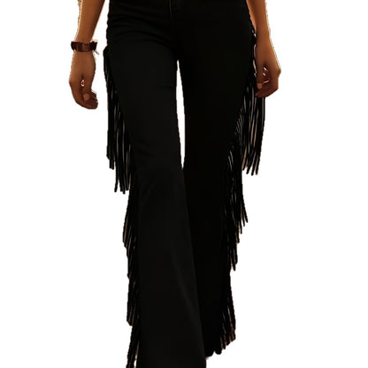 Women's Fitted Stretchy Flare Pants with Tassels - Suede Fleece Full-Length Trousers