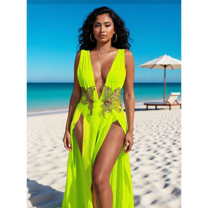 Women's Deep-V High-Slit Beach Vacation Dress - Maxi Summer Slip Dress