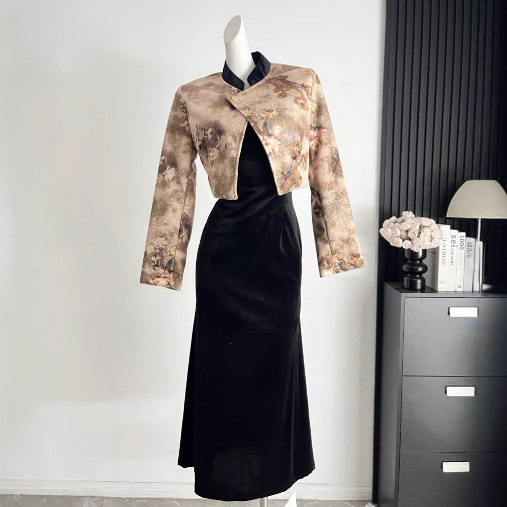 Chinese Style Two-Piece Set - Short Jacket & Suspender Dress with Patchwork Detail