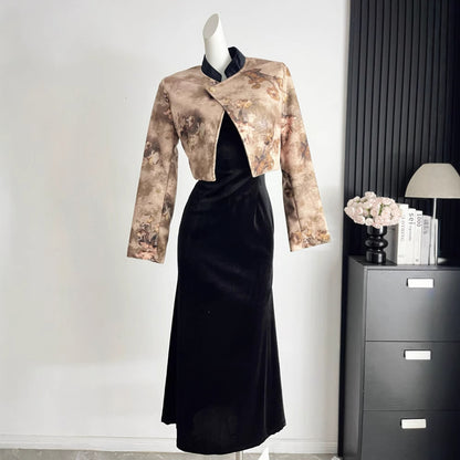 Chinese Style Two-Piece Set - Short Jacket & Suspender Dress with Patchwork Detail