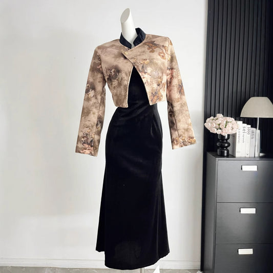 Chinese Style Two-Piece Set - Short Jacket & Suspender Dress with Patchwork Detail