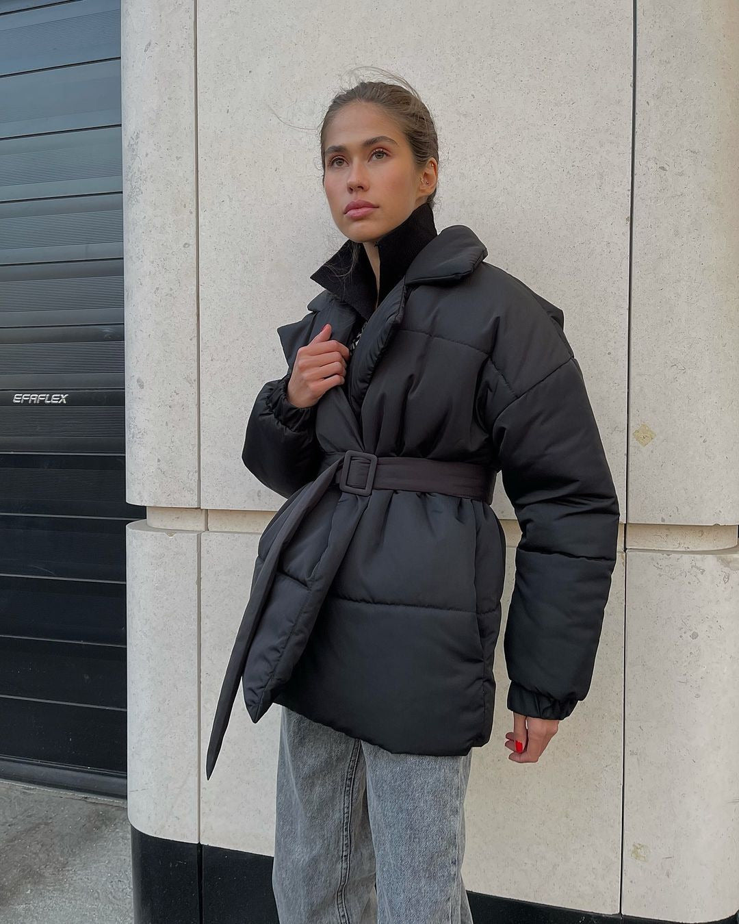 Women's Winter Lapel Waisted Cotton Coat - Slim Fit Solid Color Overcoat
