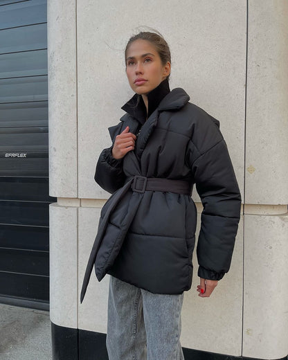 Women's Winter Lapel Waisted Cotton Coat - Slim Fit Solid Color Overcoat