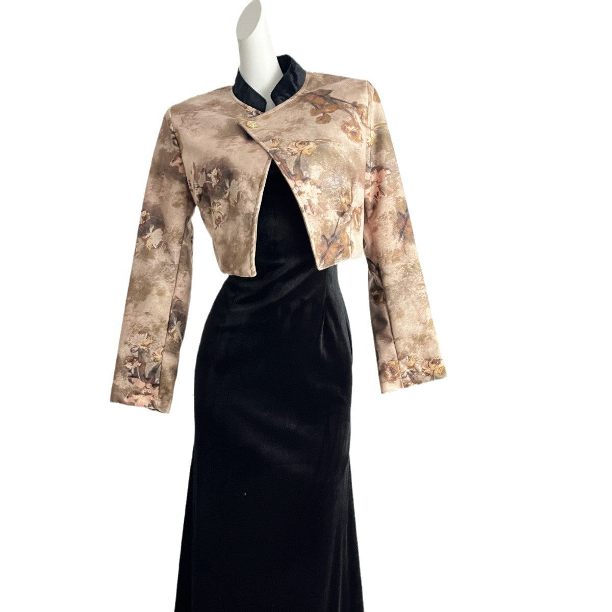 Chinese Style Two-Piece Set - Short Jacket & Suspender Dress with Patchwork Detail