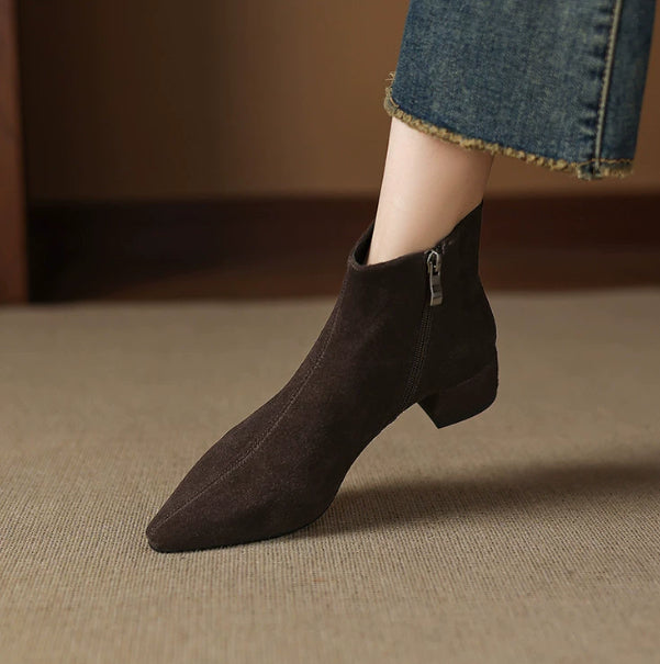 Low Heel Suede Ankle Boots - Women's Cow Suede Boots with Side Zip