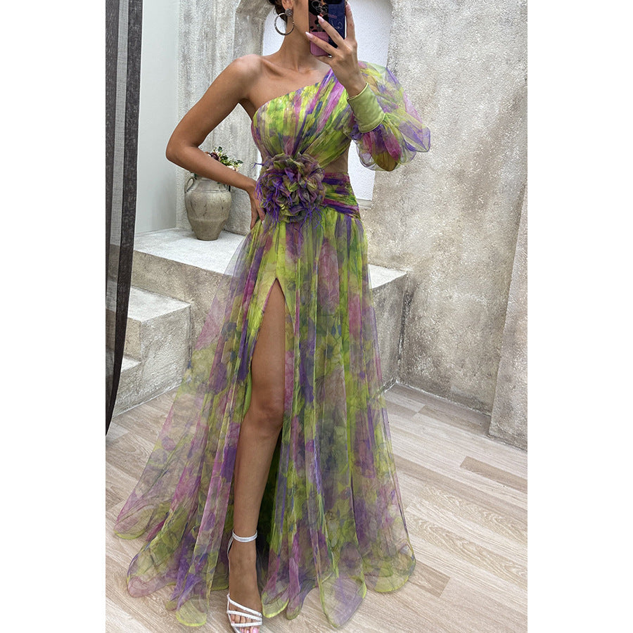 Women's Mesh Tie-Dye Printed Off-Shoulder Slit Maxi Dress - Summer Party Dress