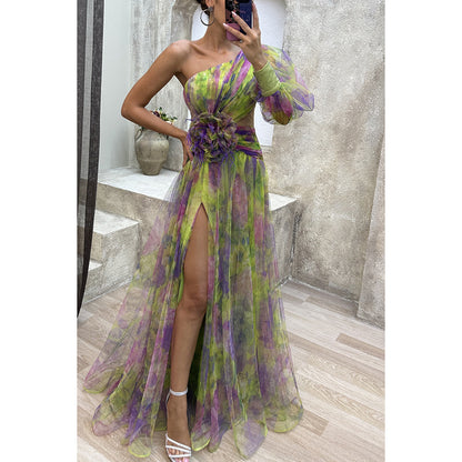 Women's Mesh Tie-Dye Printed Off-Shoulder Slit Maxi Dress - Summer Party Dress