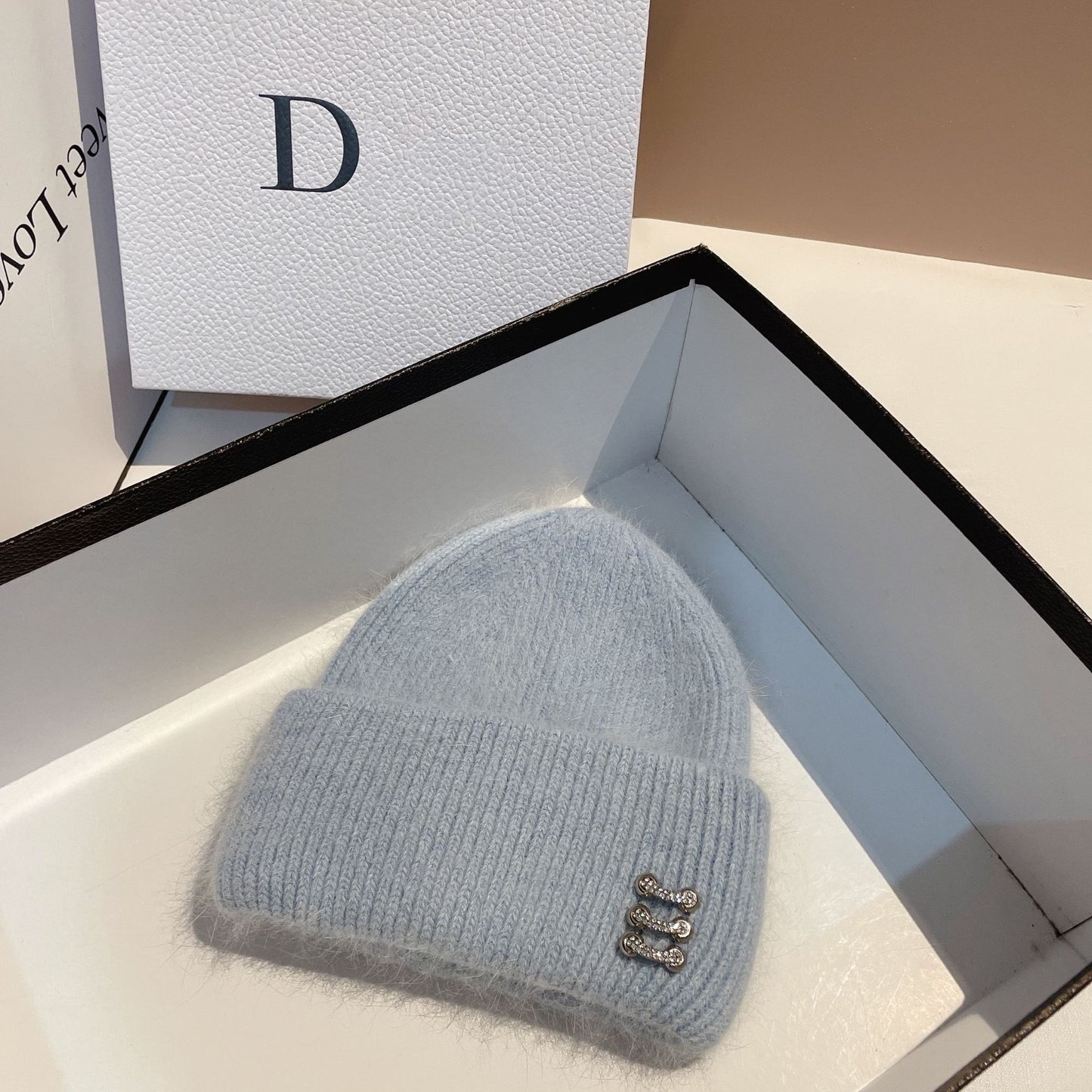 Women's Rabbit Fur Knitted Hat with Buckle - Winter Dome Crown Beanie