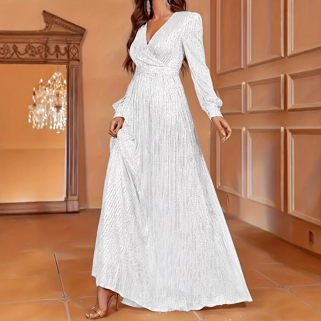 Sequin Long Sleeve V-Neck High Waist Evening Dress | Elegant Dinner Gown