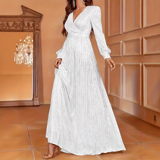 Sequin Long Sleeve V-Neck High Waist Evening Dress | Elegant Dinner Gown