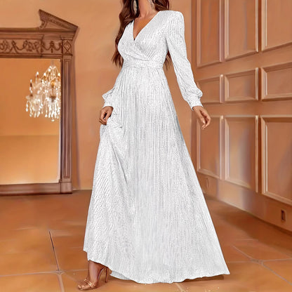 Sequin Long Sleeve V-Neck High Waist Evening Dress | Elegant Dinner Gown