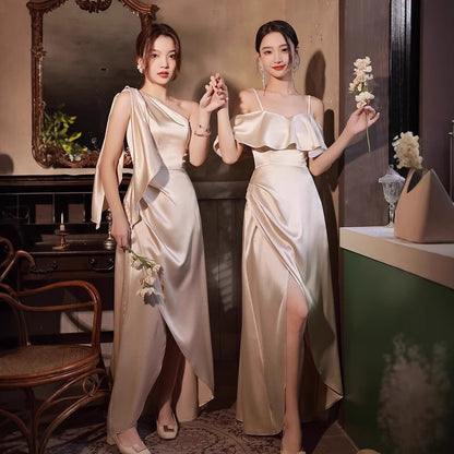 Champagne Satin Sleeveless High Waist Formal Dress | Elegant Wedding & Party Gown
