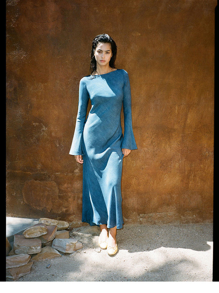 Silk Sun Protection Midi Dress - V-neck Long Sleeve A-line