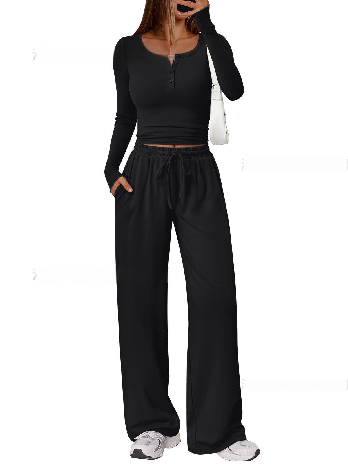 Women's Comfortable Casual Long-Sleeve Wide-Leg Pants Set - Japandi Style Pleated Top with Polyester