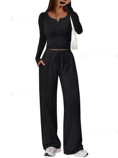 Women's Comfortable Casual Long-Sleeve Wide-Leg Pants Set - Japandi Style Pleated Top with Polyester