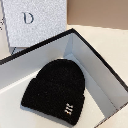 Women's Rabbit Fur Knitted Hat with Buckle - Winter Dome Crown Beanie