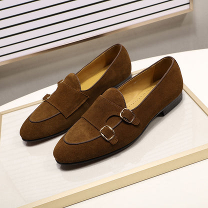 Women's Frosted Cowhide Suede High-End Dress Shoes - Double Monk Strap for Weddings & Formal Events