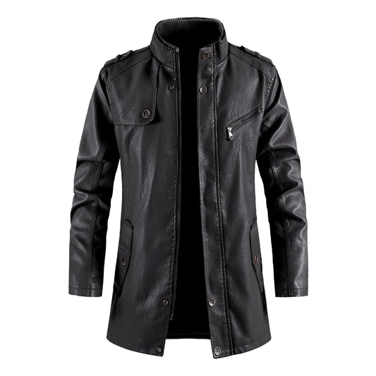 Men's Standing Collar Plush Leather Jacket - PU Leather with Cotton Lining
