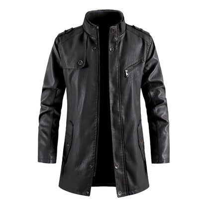 Men's Standing Collar Plush Leather Jacket - PU Leather with Cotton Lining