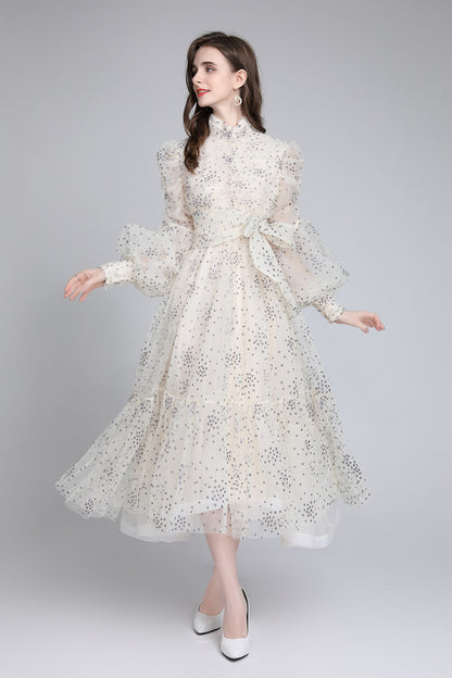 Women's Starlit Mesh Silk Wrap Dress - Shimmering Star Print Evening Dress with Metallic Accents