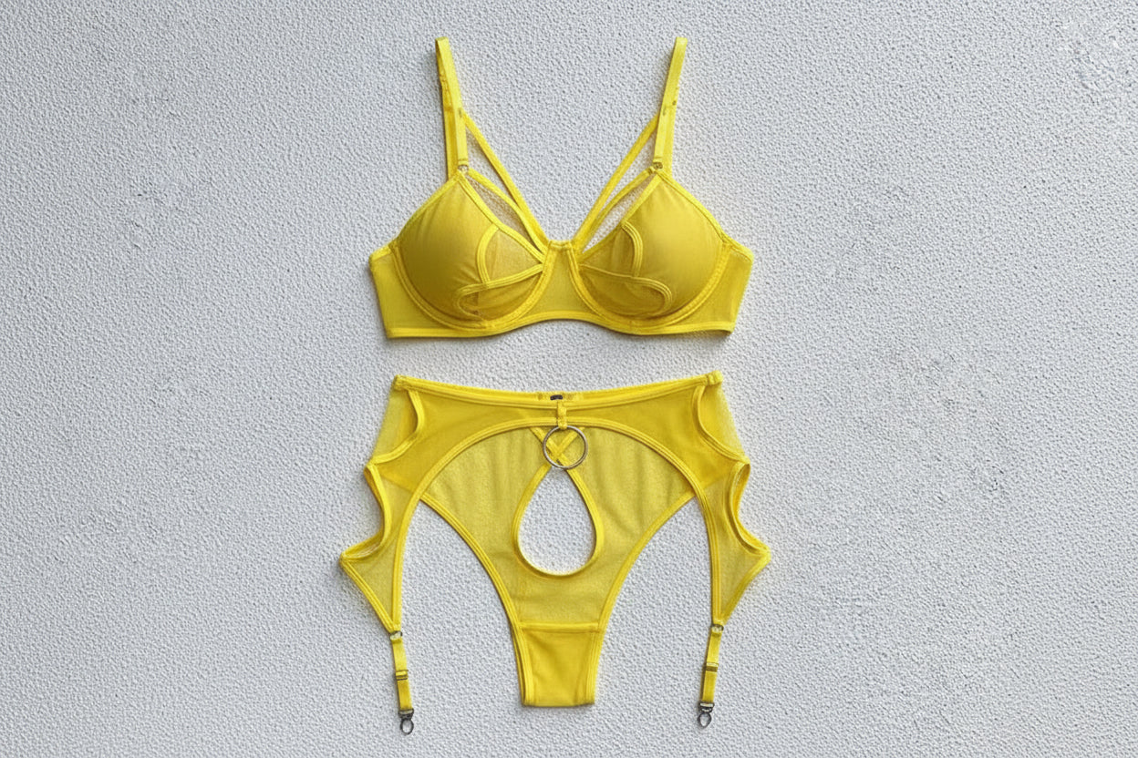 Women's Four-Piece Mesh Lingerie Set - Delicate Cutout Design with Garter