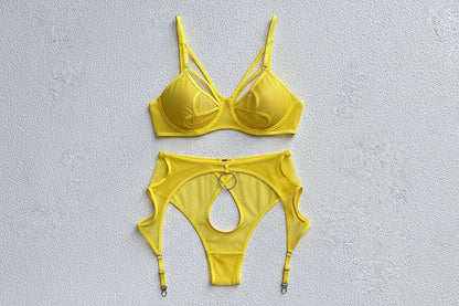 Women's Four-Piece Mesh Lingerie Set - Delicate Cutout Design with Garter
