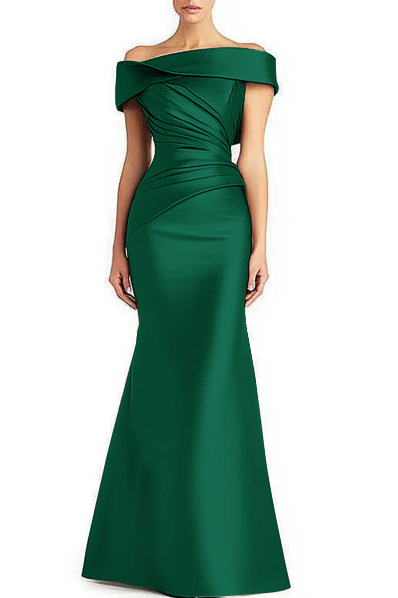 Women's Pleated Off-Shoulder Maxi Dress – Elegant Formal Evening & Wedding Gown