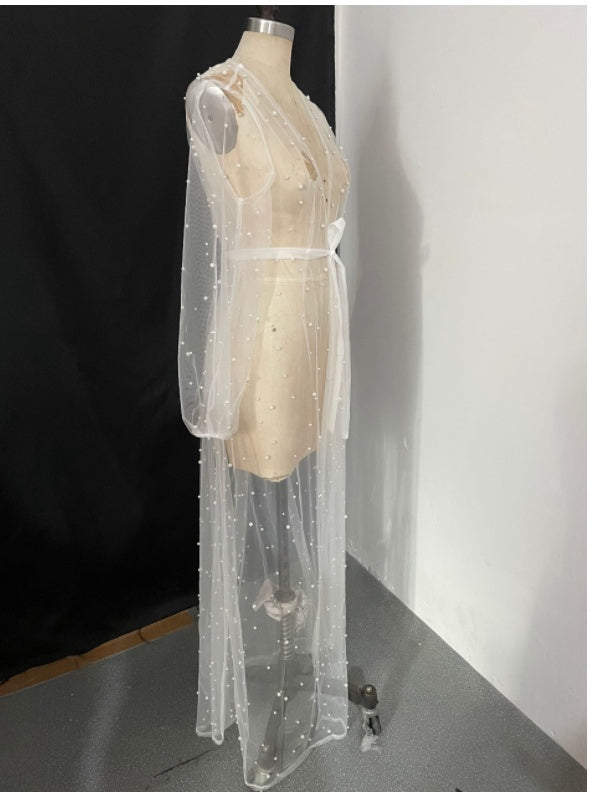 Women's Pearl Mesh Lace Dress - Sheer Long Sleeve Nightgown with Cape