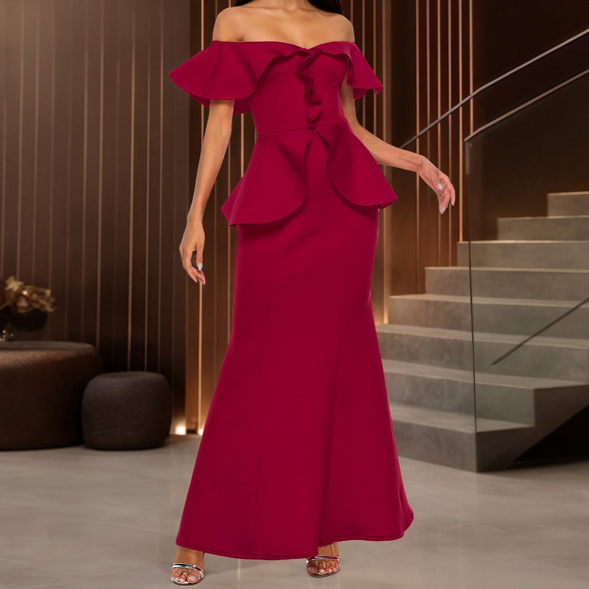 Women's Red Ruffle Off-Shoulder Fishtail Maxi Dress