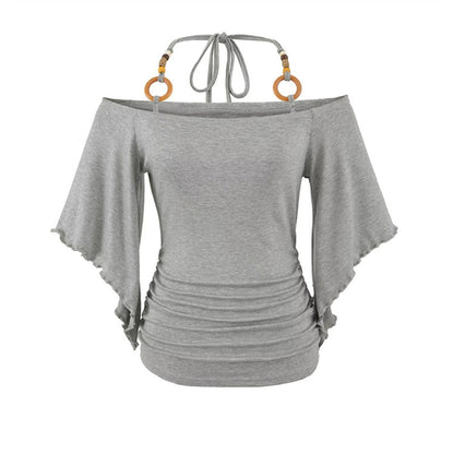 Women's Halter Neck Batwing Sleeve Top - Retro Beaded Style